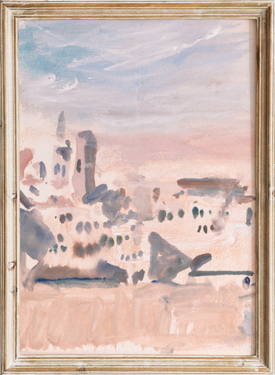 Vintage View of Town Cityscape Wall Art Print | Antique European Village Painting, Rustic Pastel Landscape Poster, Neutral Pink Decor, Hercules Brabazon Brabazon - View of a town