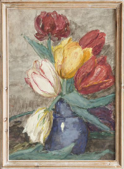 Vintage Colorful Tulips Flowers in a Vase Still Life Wall Art Print, Rustic Botanical Painting, Antique Moody Floral Farmhouse Poster, Sientje Mesdag Van Houten - Tulpen in een vaas 