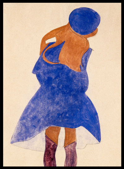 Egon Schiele Standing Girl Back View Vintage Poster Wall Art Print | Colorful Portrait Blue Woman Hat, Abstract Expressionist Portrait Painting, Antique Retro Famous Reproduction