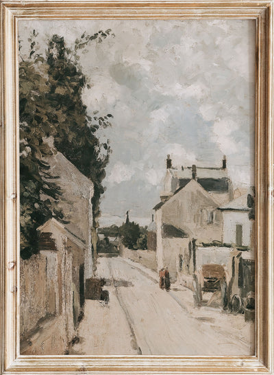 Rustic Vintage European French Countryside Road Painting Wall Art Print, Neutral Landscape Poster, Antique Moody Farmhouse Decor, Camille Pissarro - Rue de L´Hermitage Pontoise