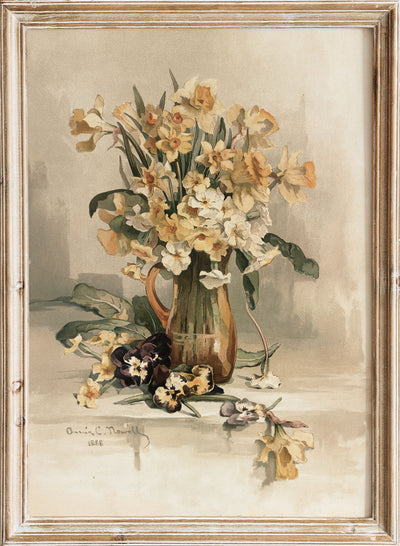 European Vintage Yellow Jonquil Daffodil Flowers in Vase Still Life Wall Art Print, Rustic Painting Antique Moody Farmhouse Poster, Annie Nowell - Jonquils