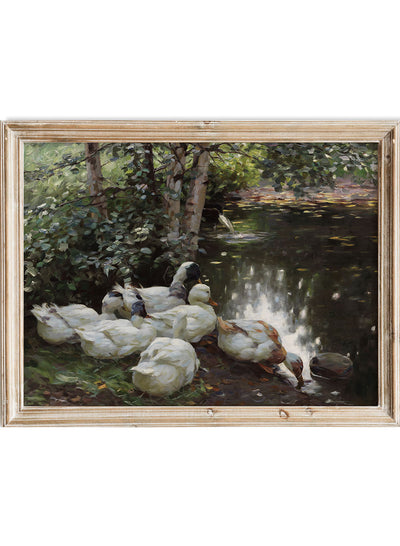 European Vintage Six Ducks by The Lake Animal Portrait Painting Wall Art Print, Rustic Farmhouse Antique Muted Nature Nursery Poster, Koester Alexander
