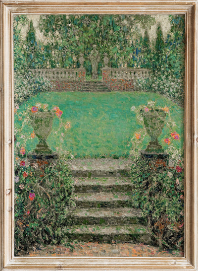 Vintage Green Garden Wall Art Print | Antique Romantic Poster, French Landscape Painting, Cottagecore Floral Decor, Rustic Farmhouse, Henri Le Sidaner - Les Marches Du Jardin, Gerberoy 