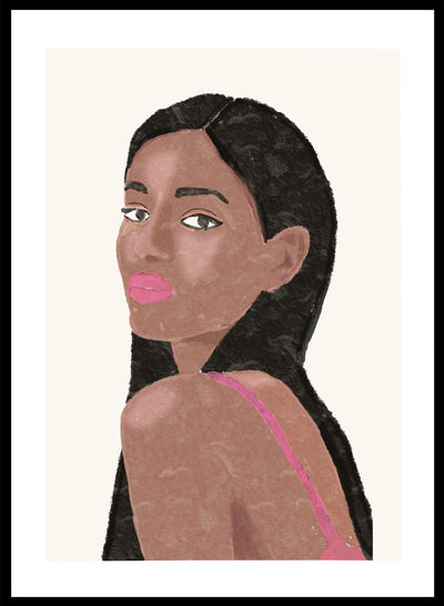 Stylish Girl Portrait Pink Strap Dress Wall Art Print | Hand Drawn Spring Summer Illustration, Contemporary Modern Aesthetic Poster