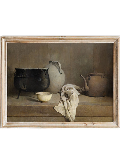 European Vintage Farmhouse Kitchen Pots Pans Still Life Wall Art Print, Rustic Dark Moody Oil Painting, Antique Country Neutral Poster, Emil Carlsen, Study in Grey