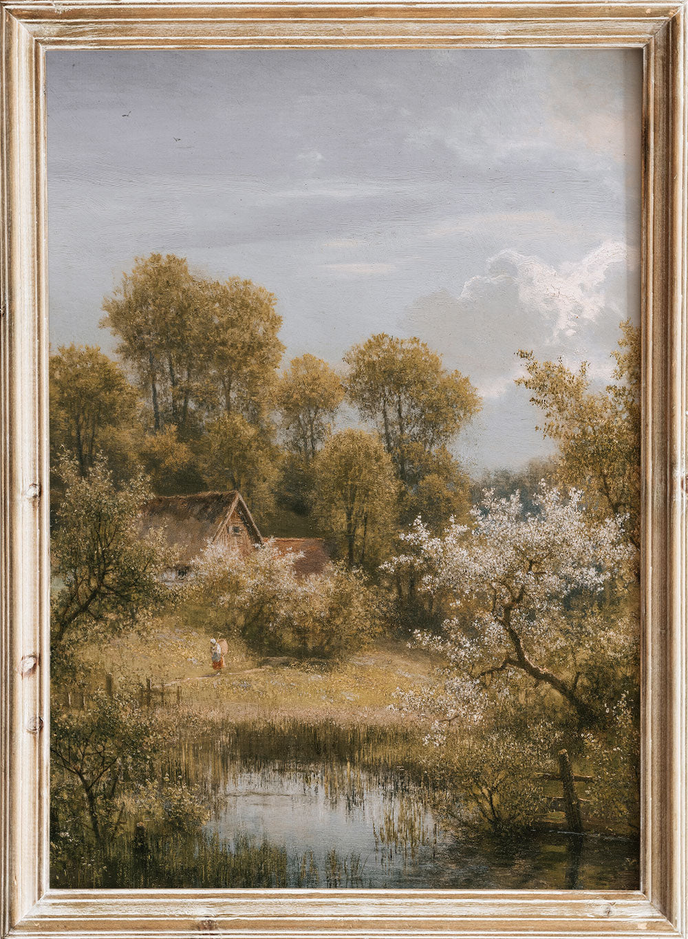 Rustic Vintage European Country Cottage Garden Flower Trees Pond Oil Painting Art Print, Landscape Poster, Antique Moody Farmhouse, Eduard Leonhardi Flowering fruit trees near Loschwitz
