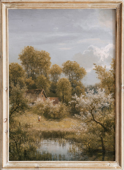 Rustic Vintage European Country Cottage Garden Flower Trees Pond Oil Painting Art Print, Landscape Poster, Antique Moody Farmhouse