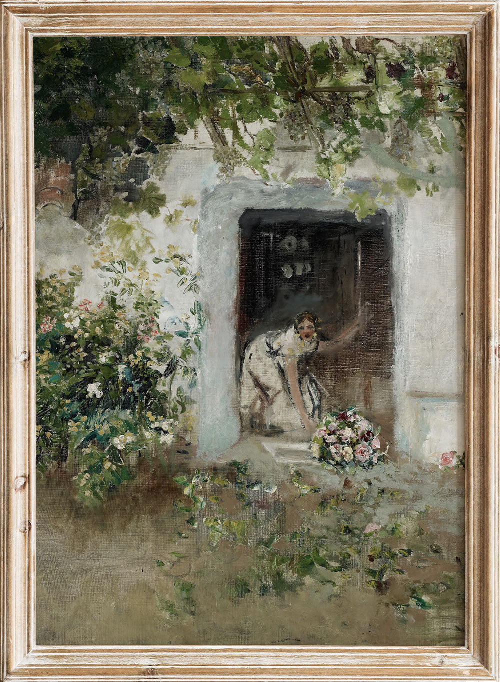 European Vintage Woman in Garden with Floral Offerings Wall Art Print, Rustic Oil Painting Antique Moody Neutral Farmhouse Poster, Ignacio Pinazo Camarlench - Floral Offerings 
