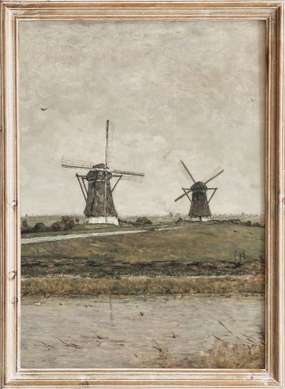 Vintage Dutch Windmill Landscape Wall Art Print, Antique Rustic Countryside Painting, Moody European Farmhouse Poster, Neutral Field, Paul Joseph Constantin Gabriël - Polder with Mills near Overschie