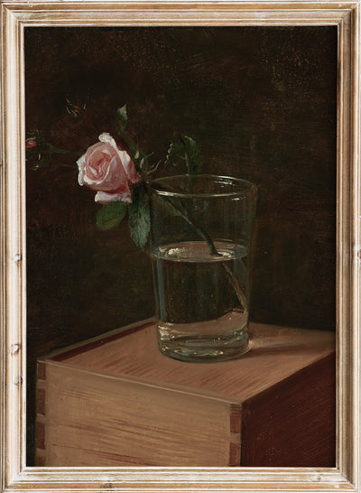 European Vintage Pink Rose Flower in Clear Vase Still Life Wall Art Print, Rustic Dark Oil Painting Antique Moody Farmhouse Poster