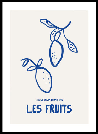 Les Fruits Aesthetic Wall Art Print | Hand Drawn Blue Lemons Illustration, Contemporary Modern Fruit Poster, Minimal Kitchen Design