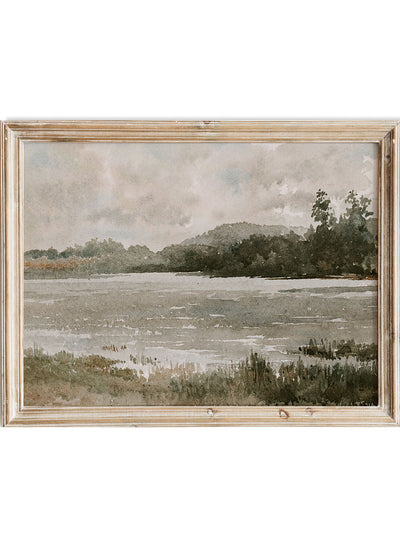 Rustic Vintage European Country Lake Trees Landscape Painting Art Print, Neutral Autumn River Forest Poster, Antique Moody Farmhouse, Arnold William Brunner Lakeside Landscape