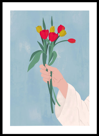 Girl Holding Flowers Aesthetic Wall Art Print | Contemporary Modern Hand Drawn Illustration, Blue Colorful Spring Summer Floral Poster