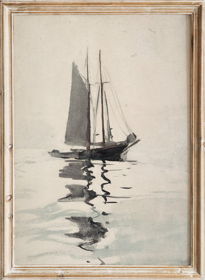 Vintage Sailboat Ocean Wall Art Print | Antique Maritime Nautical Poster, Coastal Sea Boat Painting, Minimalist Rustic Farmhouse Decor, Winslow Homer - Two-masted Schooner with Dory (1894)