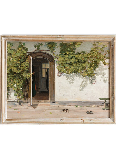 Vintage Door to a Rustic House with Green Wall Plants Painting Wall Art Print, Neutral Toned Inn Poster, Antique Moody Farmhouse Decor , Martinus Rørbye - Entrance to an Inn in the Praestegarden at Hillested (1844)