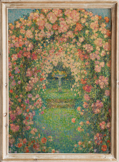 Vintage Rose Garden Wall Art Print | Antique Floral Garden Poster, Rustic French Courtyard, Cottagecore Outdoor Pink Flower Decor, Henri Le Sidaner - La Roseraie, Gerberoy