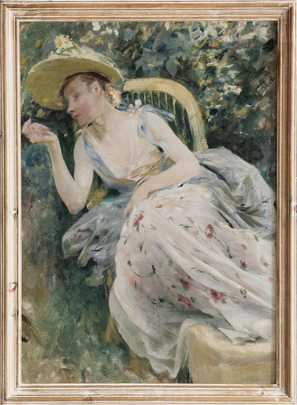 Vintage Sitting Girl in Sundress Portrait Spring Flowers Painting Wall Art Print, Colorful Moody Farmhouse Rustic Antique Woman Poster, Carl Larsson - Study for Rokoko (1888)