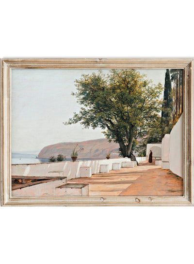 Seaside Terrace with Tree Wall Art Print | Vintage Mediterranean Landscape Poster, Coastal Villa View, Antique European Summer Decor, Martinus Rørbye - Scene near Sorrento overlooking the Sea (1835)