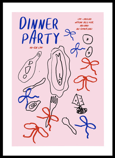 Dinner Party Poster Wall Art Print | Hand Drawn Food Illustration with Bows, Pink Contemporary Kitchen Art, Playful Modern Design