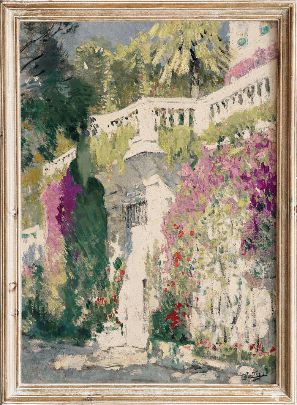 Vintage Rustic Villa Door with Pink Flowers and Plants Painting Wall Art Print, Neutral House Poster, Antique Moody Farmhouse Decor, Pierre-Eugène Montézin - Porte fleurie