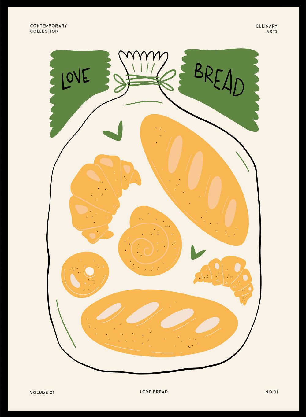 For those who find their peace in the hum of the oven and the crackle of fresh crust, the 'Love Bread' art print captures the warmth of slow mornings and freshly baked moments. With soft ochre tones and playful sage accents, it’s a nod to the quiet art of bread making. The best things in life often come from a little flour and patience.
