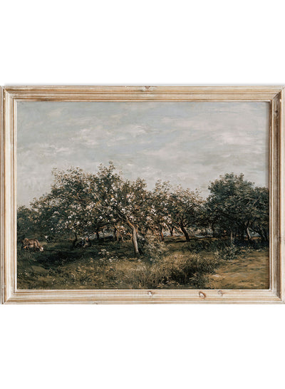 Rustic Vintage European Country Garden Apple Blossoms Tree Oil Painting Art Print, Neutral Landscape Poster, Antique Moody Farmhouse, Charles-Francois Daubigny, Apple Blossoms 1925