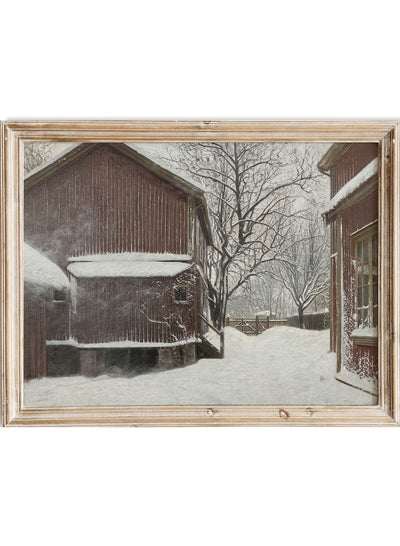Rustic Vintage European Country Cottage House Winter Snow Oil Painting Wall Art Print, Neutral Poster, Antique Moody Farmhouse Decor, Amaldus Nielsen