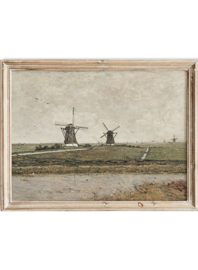 Vintage Dutch Windmill Landscape Wall Art Print, Antique Rustic Countryside Painting, Moody European Farmhouse Poster, Neutral Field, Paul Joseph Constantin Gabriël - Polder with Mills near Overschie