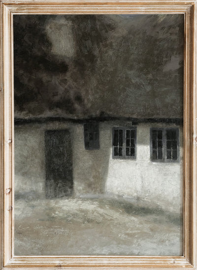 Vintage Moody Farmhouse Wall Art Print, Antique Cottage Exterior Painting, Rustic Minimalist Barn Poster, Dark Neutral Country Decor, Vilhelm Hammershøi - Hjørnet Af En Bondegård (Corner Of A Farm)