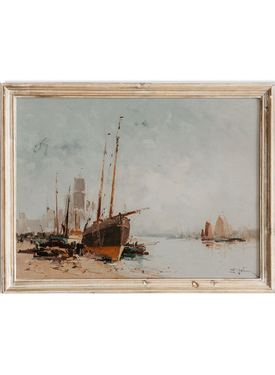 Rustic Vintage Art Print, Vintage Oil Painting, Neutral Autumn Port Landscape Poster, Eugene Galien Laloue, Bateaux au Port 