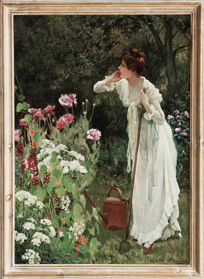 Vintage Woman in White Dress Flower Garden Wall Art Print | Antique Floral Painting Poster, Cottagecore Countryside Nature Moody Decor, Delapoer Downing - In The Fullness Of Summer