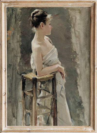 Akseli Gallen-Kallela - Model Study (1885), European Vintage Woman in White Dress Portrait Painting Wall Art Print, Antique Standing Girl Poster, Moody Neutral Farmhouse Figure