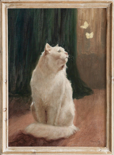 Arthur Heyer - White Cat with Two Butterflies, Vintage White Cat with Butterflies Wall Art Print | Antique Animal Portrait Poster, Rustic Farmhouse Pet Kitten Painting Decor