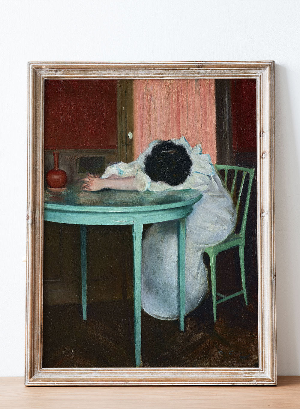 Tired Ramon Casas Oil Painting Wall Art Print, Vintage European French Rustic Sleeping Woman Girl Portrait Poster Moody Farmhouse