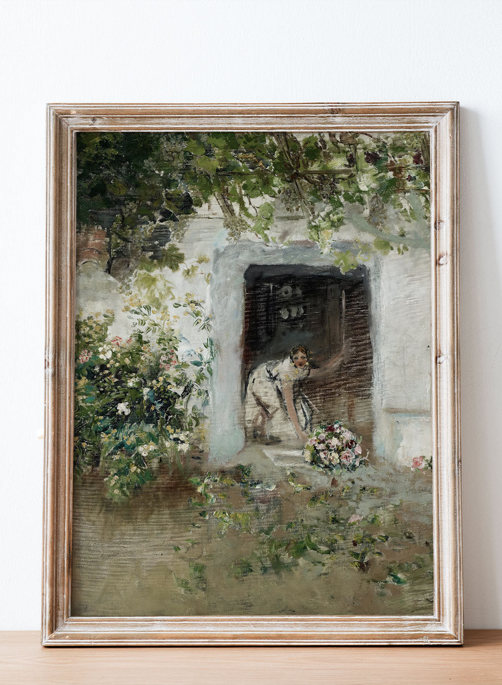 European Vintage Woman in Garden with Floral Offerings Wall Art Print, Rustic Oil Painting Antique Moody Neutral Farmhouse Poster, Ignacio Pinazo Camarlench - Floral Offerings 