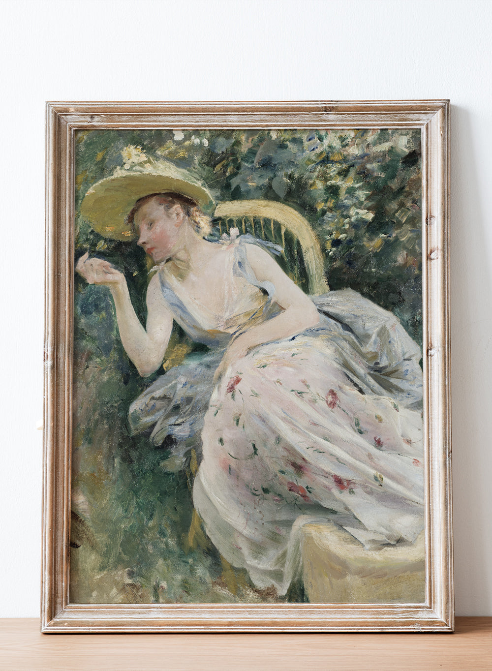 Vintage Sitting Girl in Sundress Portrait Spring Flowers Painting Wall Art Print, Colorful Moody Farmhouse Rustic Antique Woman Poster, Carl Larsson - Study for Rokoko (1888)