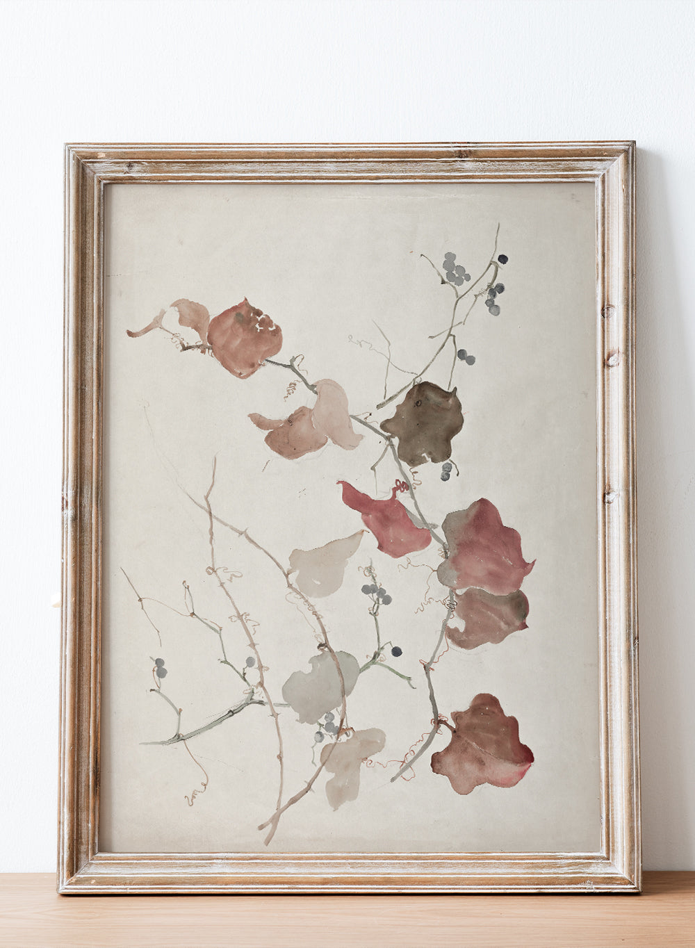 Rustic Vintage Clematis Flowers Blueberries Botanical Wall Art Print, Colorful Floral Drawing Poster, Antique Moody Farmhouse Decor