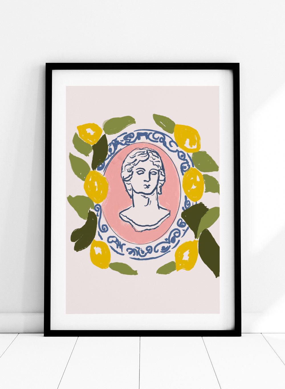 Lemon Wreath Greek Bust Aesthetic Wall Art Print | Contemporary Hand Drawn Illustration, Pink Green Kitchen Spring Summer Poster