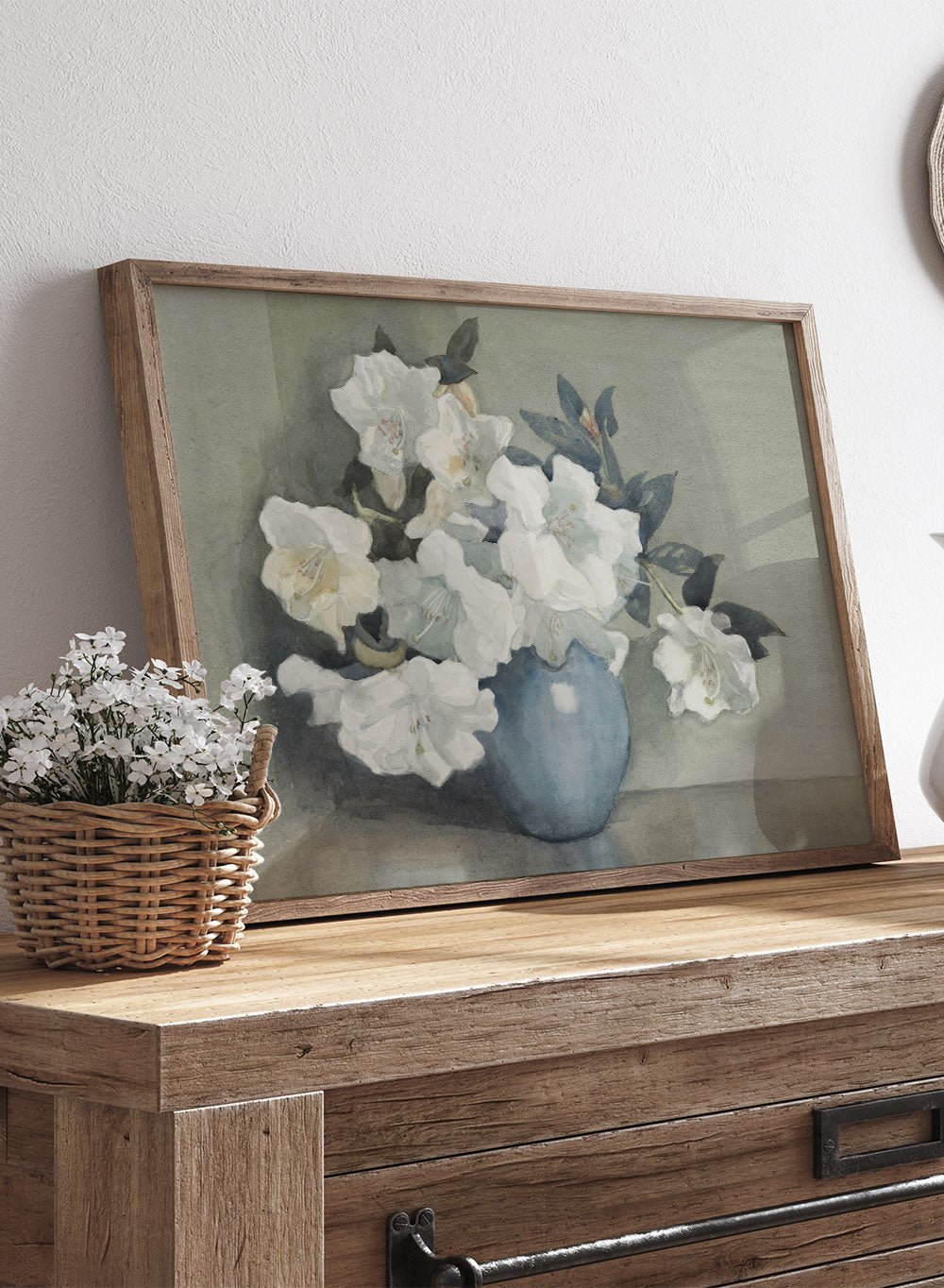 Vintage White Rhododendron Flowers in Vase Still Life Art Print