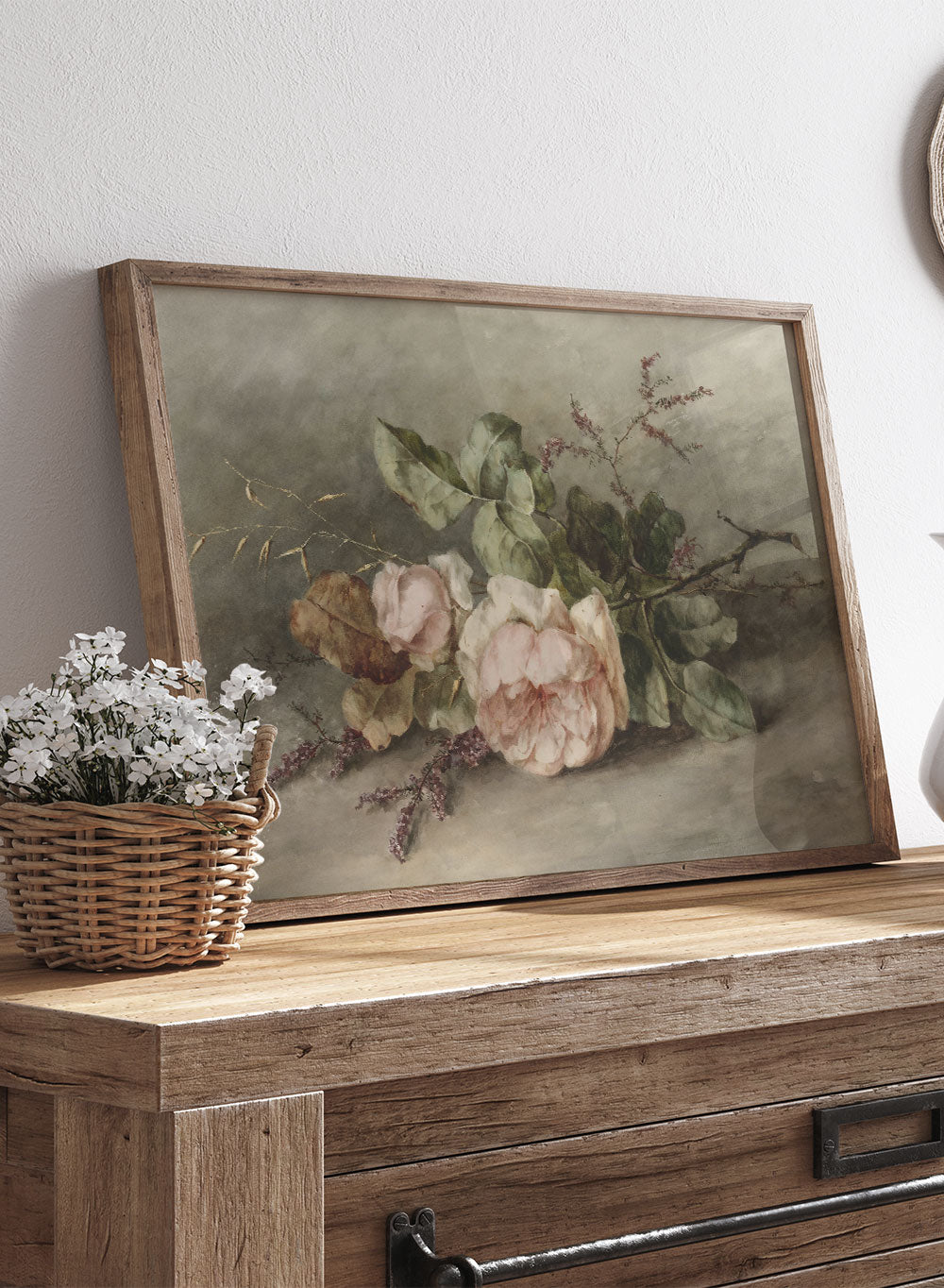 European Vintage Pink Rose Flowers Still Life Wall Art Print, Rustic Dark Oil Painting Famous Antique Moody Neutral Farmhouse Poster, Roosenboom