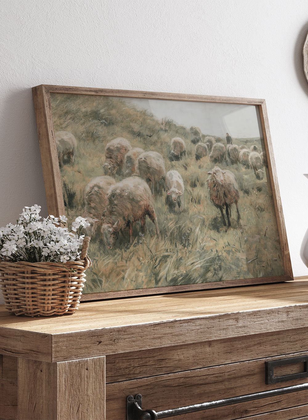 European Vintage Sheeps Lambs on Field Animal Portrait Neutral Painting Wall Art Print, Rustic Nursery Farmhouse Antique Nature Poster, Anton Mauve - Op de duinen