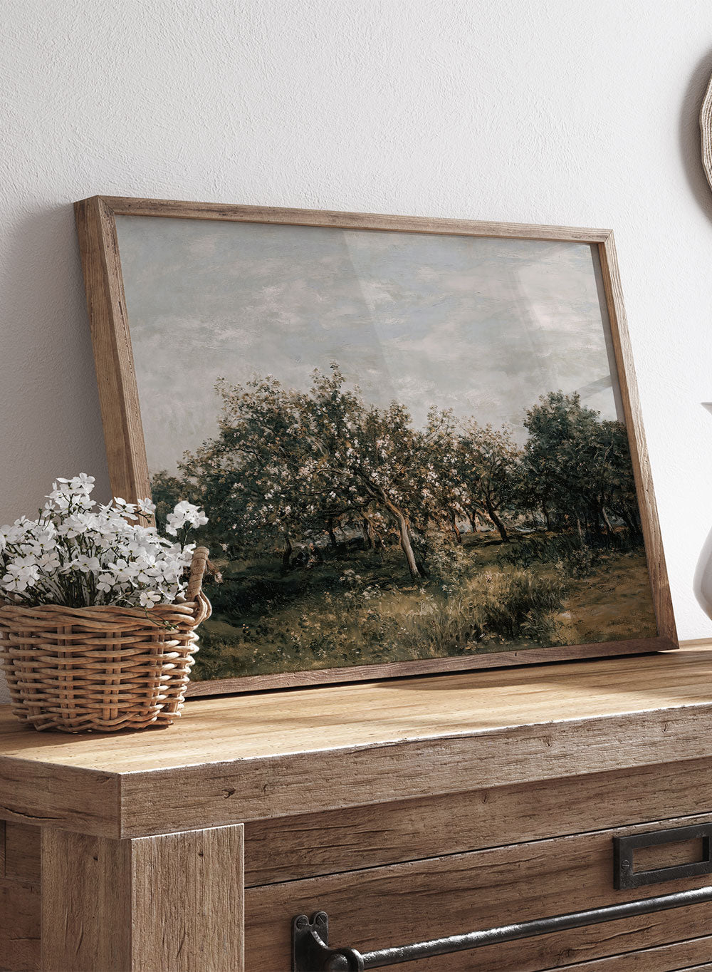 Rustic Vintage European Country Garden Apple Blossoms Tree Oil Painting Art Print, Neutral Landscape Poster, Antique Moody Farmhouse, Charles-Francois Daubigny, Apple Blossoms 1925