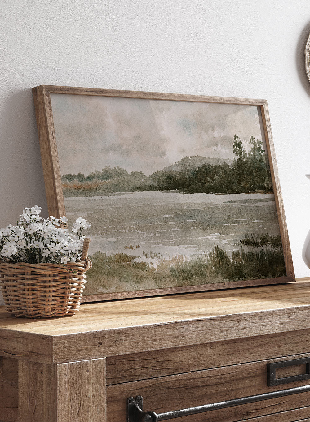 Rustic Vintage European Country Lake Trees Landscape Painting Art Print, Neutral Autumn River Forest Poster, Antique Moody Farmhouse, Arnold William Brunner Lakeside Landscape