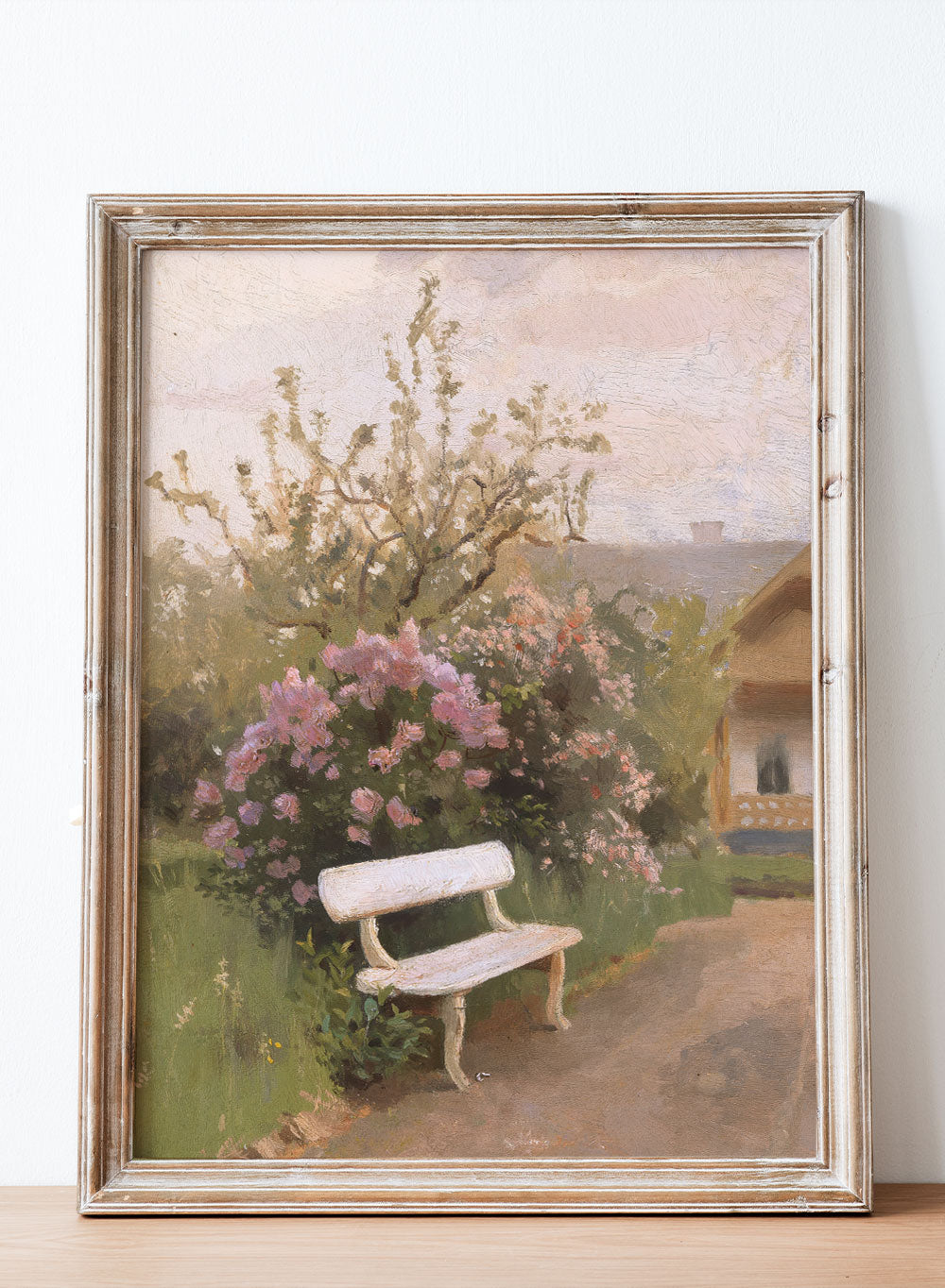 Vintage Bench Spring Flower Garden Landscape Painting Wall Art Print, Colorful Rustic Floral Botanical Poster, Antique Moody Farmhouse