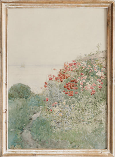 Childe Hassam - Field of Poppies, Isles of Shoals, Vintage Poppy Flower Field Wall Art Print | Coastal Wildflower Garden Landscape Poster, Antique Nature Sea Farmhouse Painting Decor