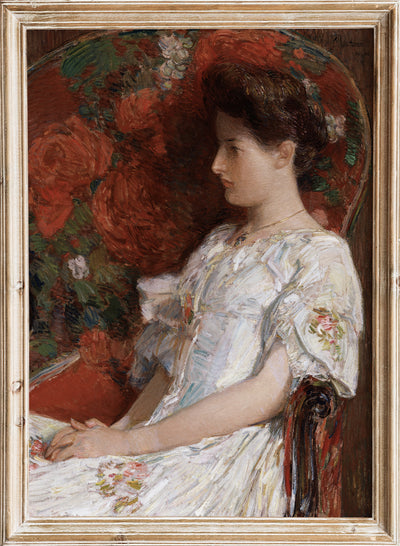Childe Hassam - The Victorian Chair (1906), Vintage Woman in Floral White Dress Portrait Painting Wall Art Print, Antique Sitting Victorian Girl Poster, Dark Moody Farmhouse