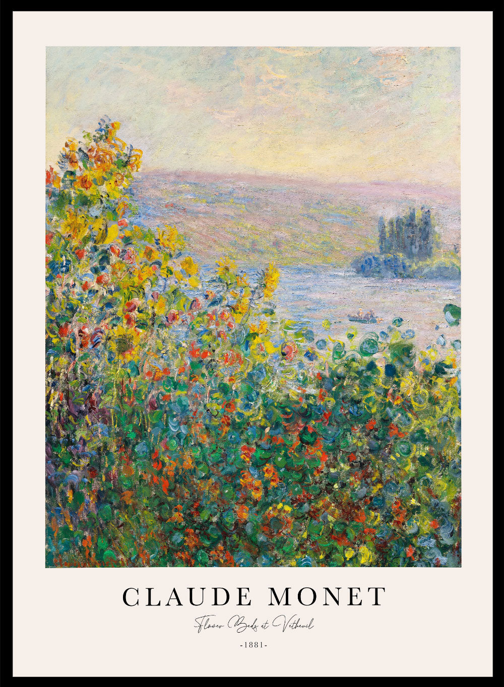 Claude Monet Flower Beds at Vétheuil Vintage Poster Wall Art Print | Flowers Ocean View, Colorful Spring Floral, European Oil Painting