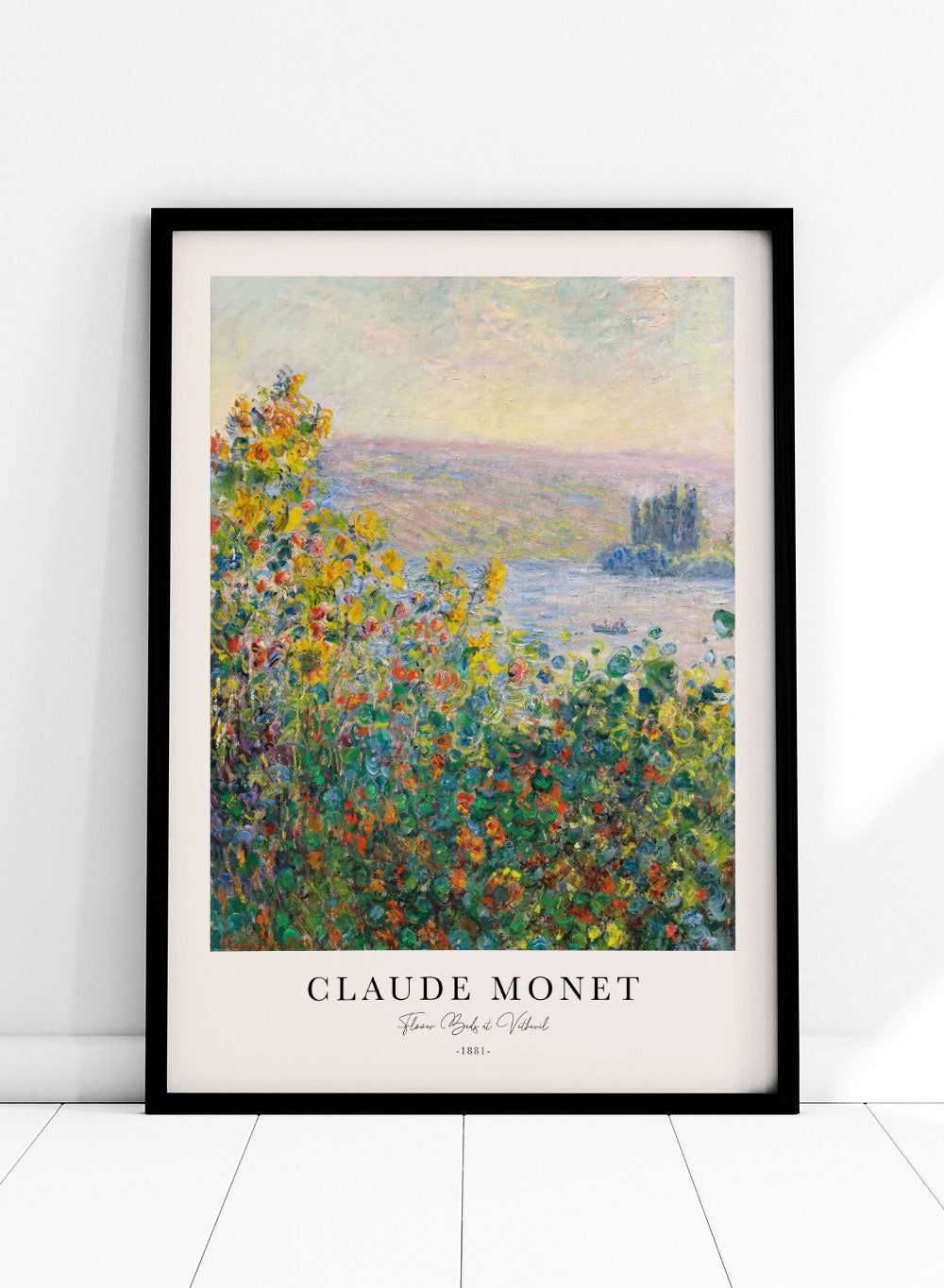 Claude Monet Flower Beds at Vétheuil Vintage Poster Wall Art Print | Flowers Ocean View, Colorful Spring Floral, European Oil Painting