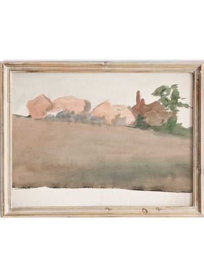 Edwin Austin Abbey - Landscape with houses in distance, Vintage Countryside Village Wall Art Print | Antique Rustic Field Landscape Poster, Watercolor Farmhouse, Minimal Cottagecore Decor