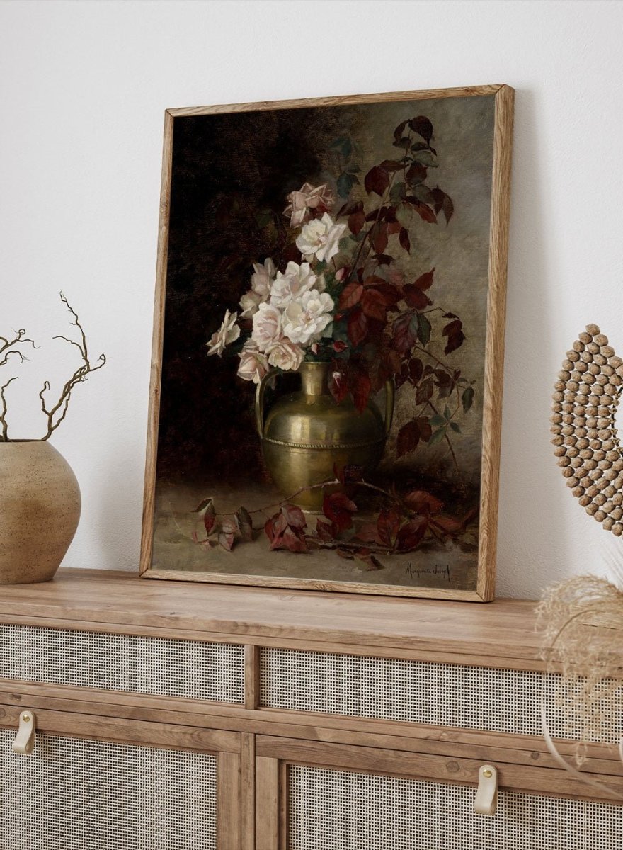 European Vintage Roses Flowers in Brass Vase Still Life Wall Art